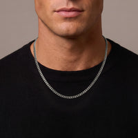 A close-up of a man wearing a silver chain necklace over a black crewneck sweater, set against a solid neutral background.