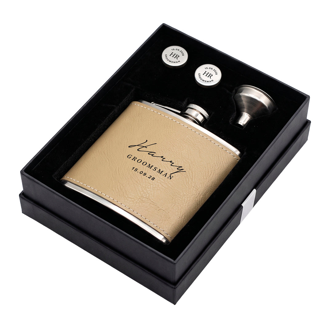 Engravd Hip Flask and Cuff Link Set - Name/Title/Date