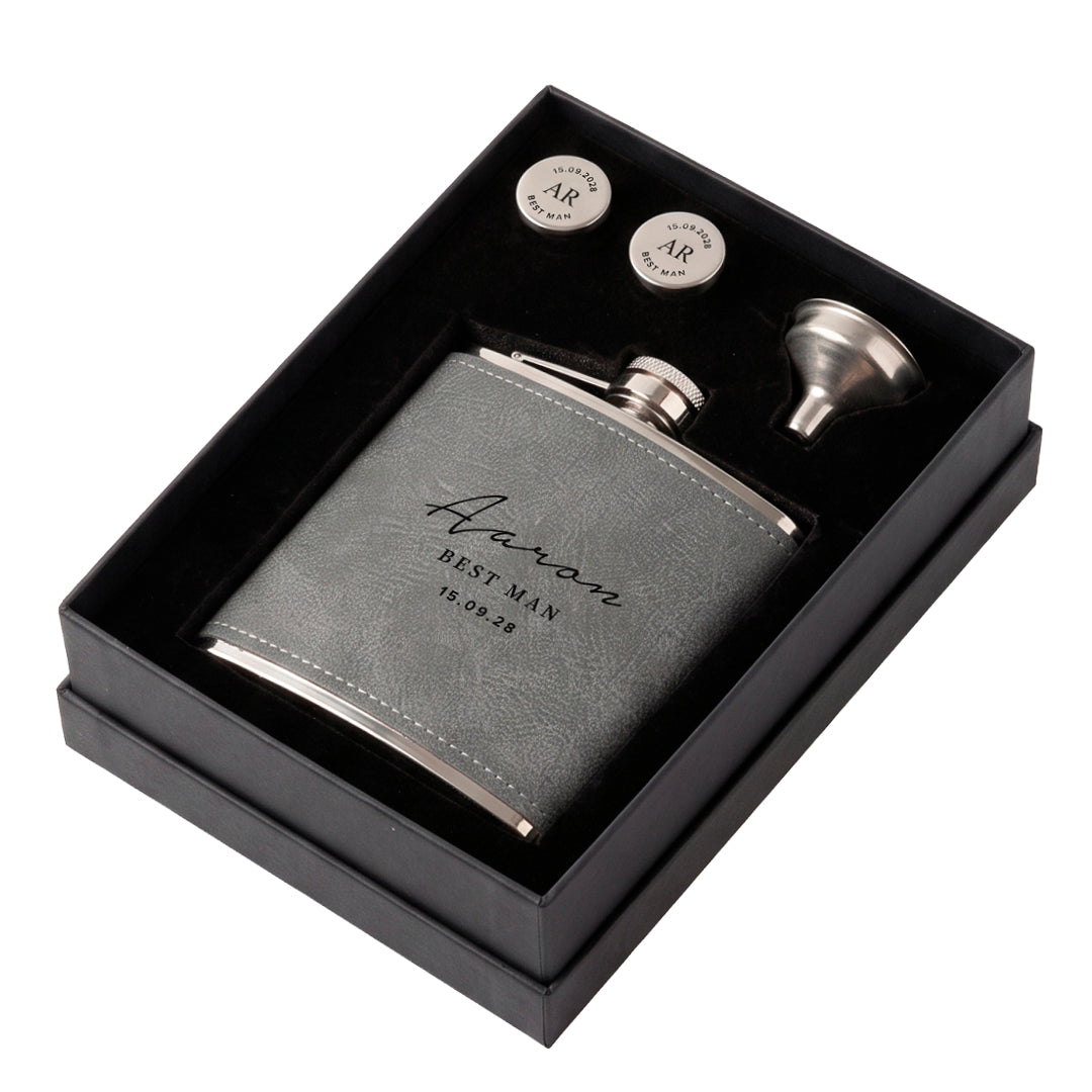 Engravd Hip Flask and Cuff Link Set - Name/Title/Date