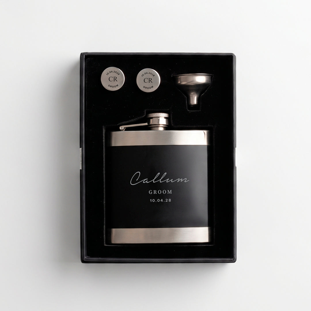 Engravd Hip Flask and Cuff Link Set - Name/Title/Date