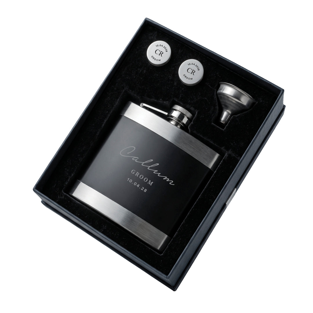 Engravd Hip Flask and Cuff Link Set - Name/Title/Date