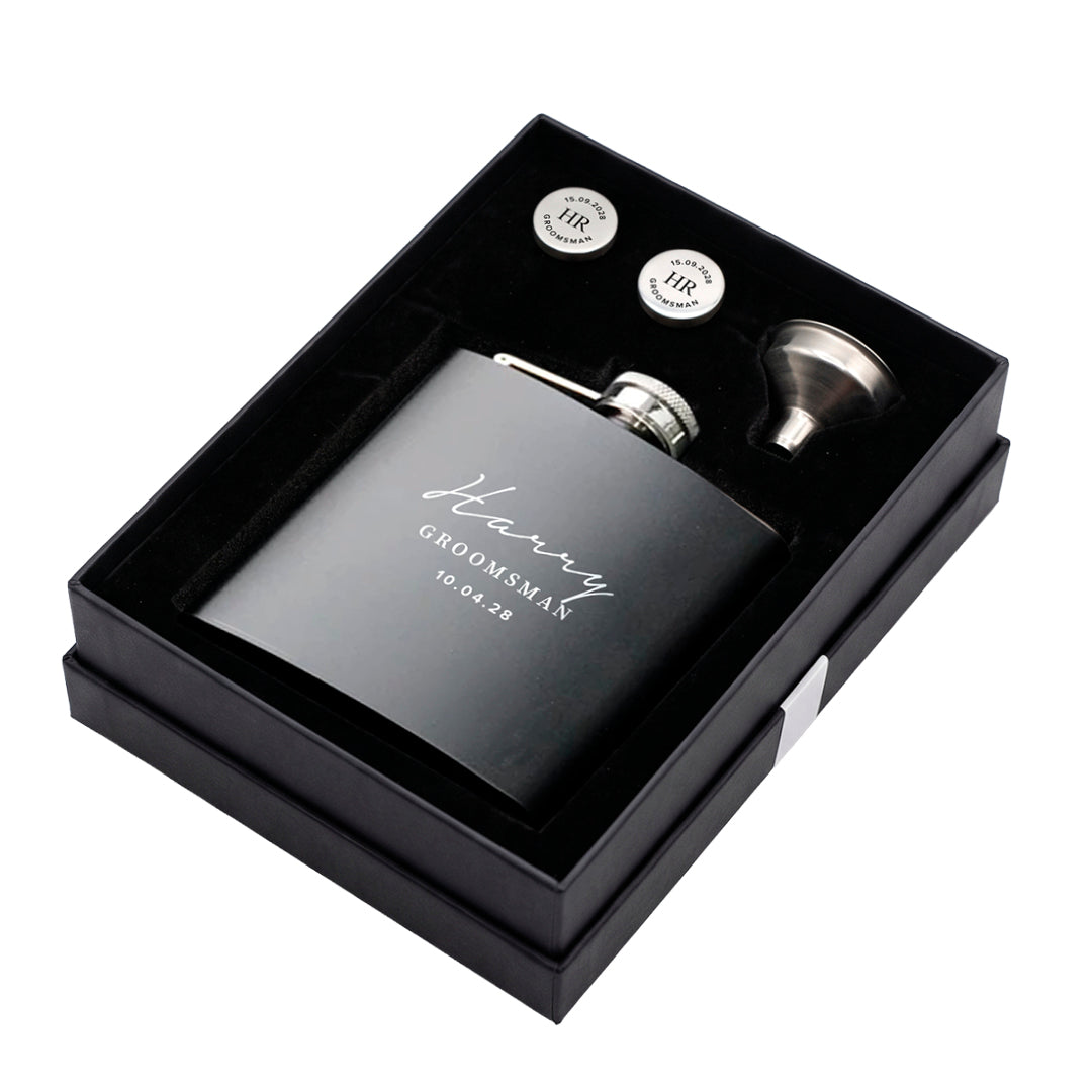 Engravd Hip Flask and Cuff Link Set - Name/Title/Date