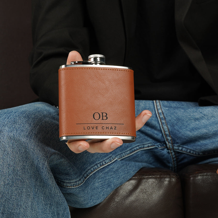 Engravd Brown Leatherette Hip Flask - Personalised Initials and Title | Engravd Co | Personalised Jewellery | Bracelets, Necklaces, Cufflinks, Hip Flasks