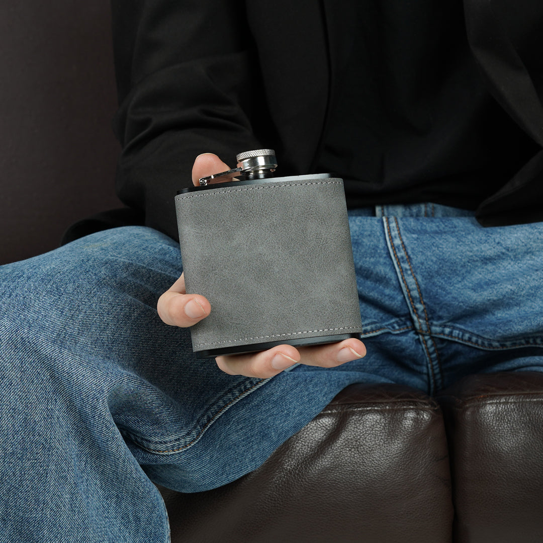 Engravd Grey Leatherette Hip Flask - Personalised Initials | Engravd Co | Personalised Jewellery | Bracelets, Necklaces, Cufflinks, Hip Flasks
