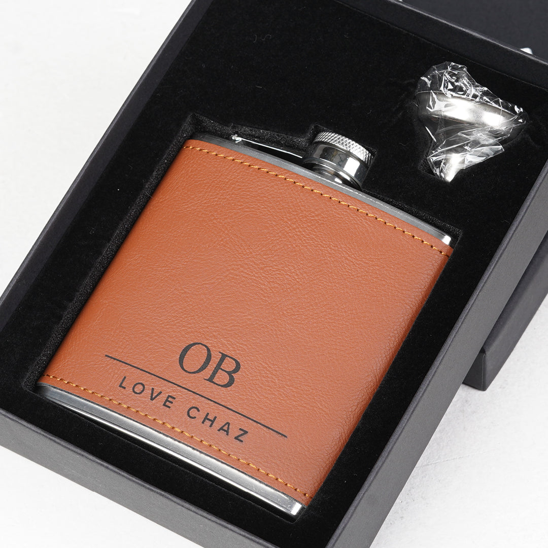 Engravd Brown Leatherette Hip Flask - Personalised Initials and Title | Engravd Co | Personalised Jewellery | Bracelets, Necklaces, Cufflinks, Hip Flasks