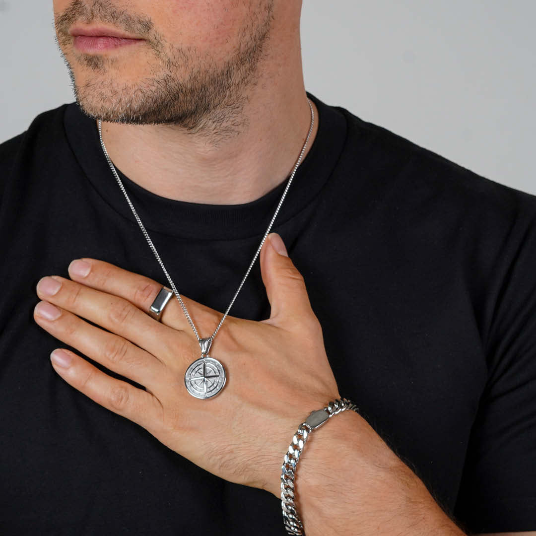Silver Engravable Compass Silver Engravd Compass Necklace