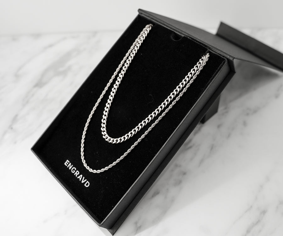Silver Cuban Link + Rope Chain Stack | Engravd Co | Personalised Jewellery | Bracelets, Necklaces, Cufflinks, Hip Flasks