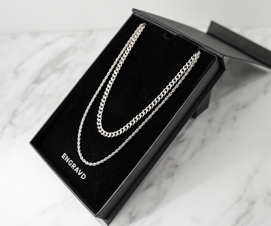 Silver Cuban Link + Rope Chain Stack – Engravd